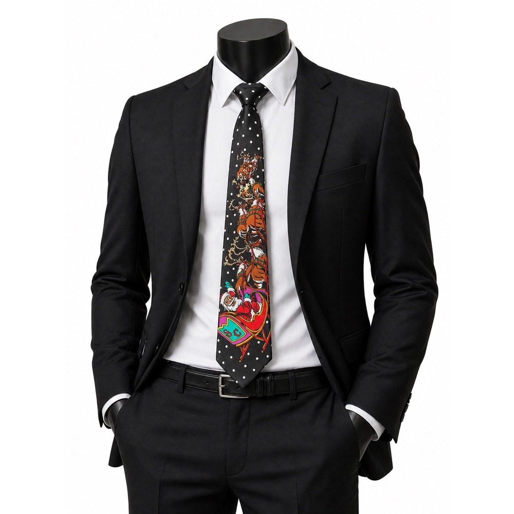 Addiction‎ Santa Sleigh Reindeer Christmas Necktie Black Polka Dot Novelty Tie